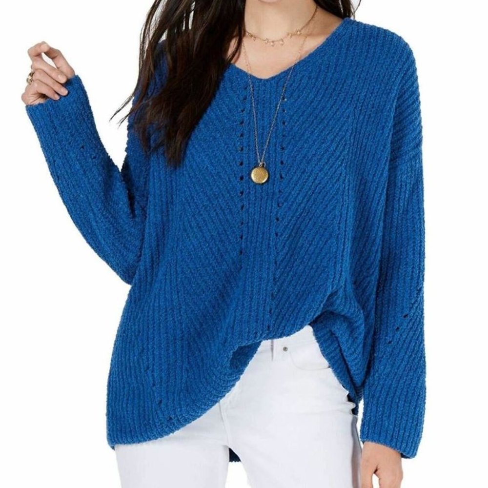 Style & Co. Womens Chenille V-Neck Pullover Sweater Blue L